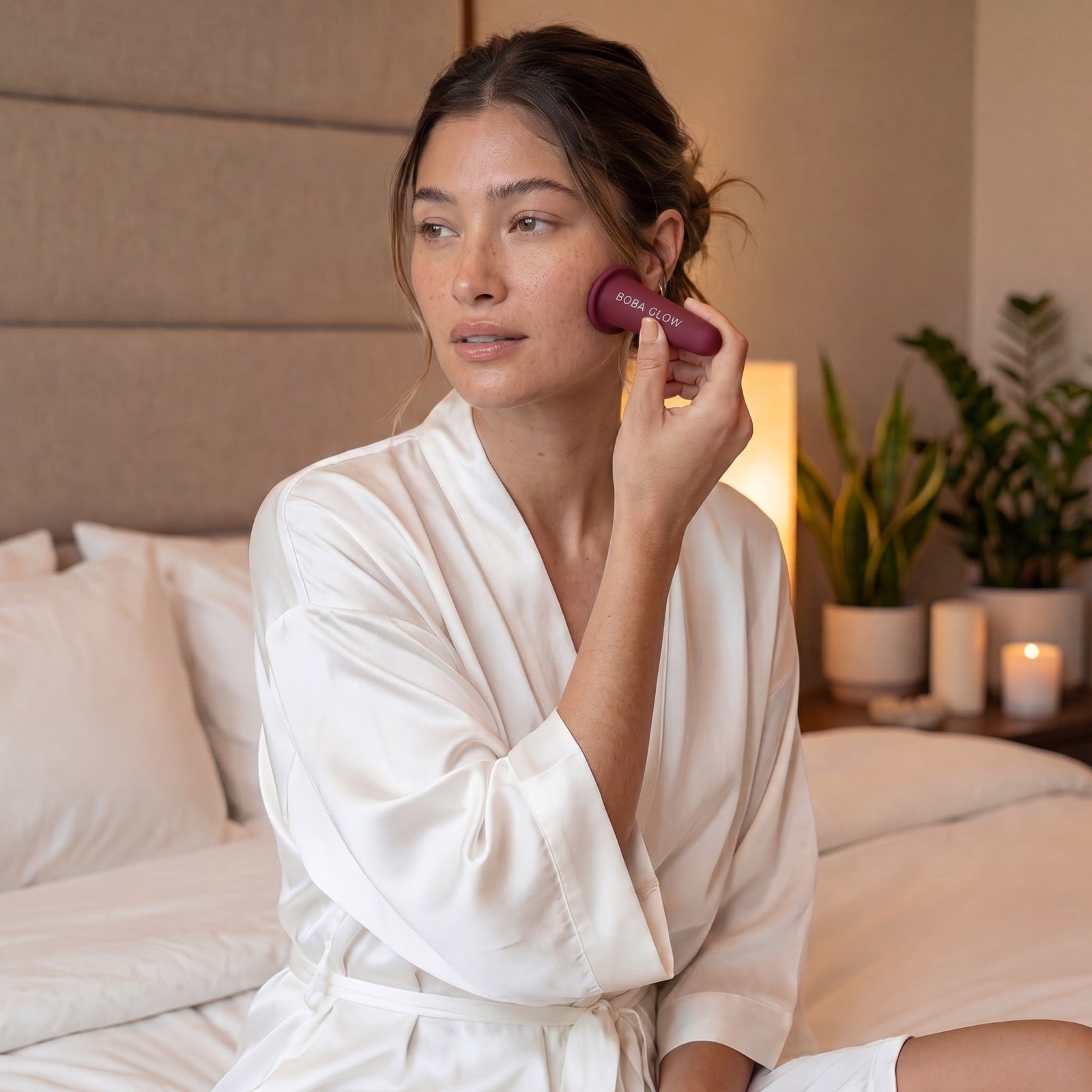 A woman doing the BOBA GLOW ritual: the burgundy face cup gliding along her cheek in soft morning light